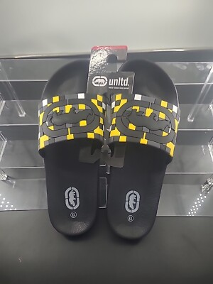 ECKO UNLTD  MEN EMBOSSED RHINO LOGO SLIP-ON  SANDALS Size 13 Yellow Checker New