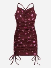 Womens Size 12-14 Red Butterfly Polkadot Ruched Ribbed Bodycon Dress Drape New L