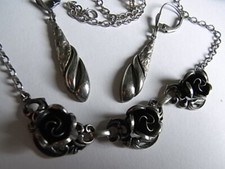 Antik Silber 925 Schmuck Collier Rosa Blumen und Ohrringe