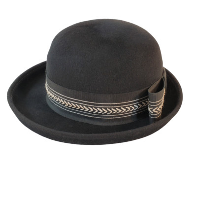 VTG Black Bowler Hat w/ Hat Band & Bow 100% Wool Peachfelt Henry Pollak New York