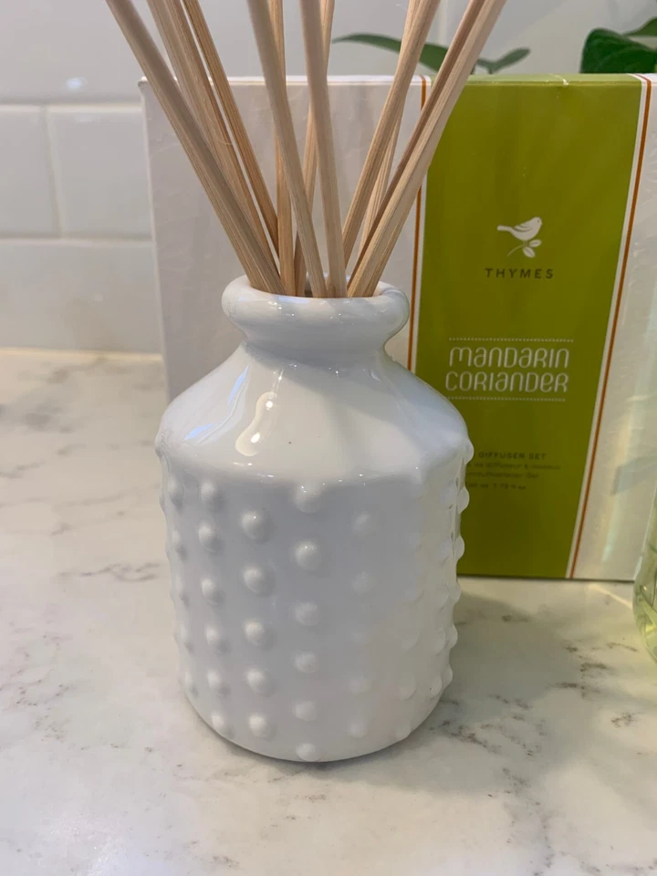 Thymes Mandarin Coriander Diffuser Set Rare White Hobnail  New In Box 7.75 oz - Image 3 of 4