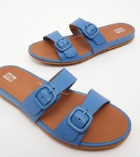 £90 FITFLOP SIZE 6.5 40 GRACIE SAIL BLUE REAL LEATHER CUSHION SLIDE FLIP FLOPS