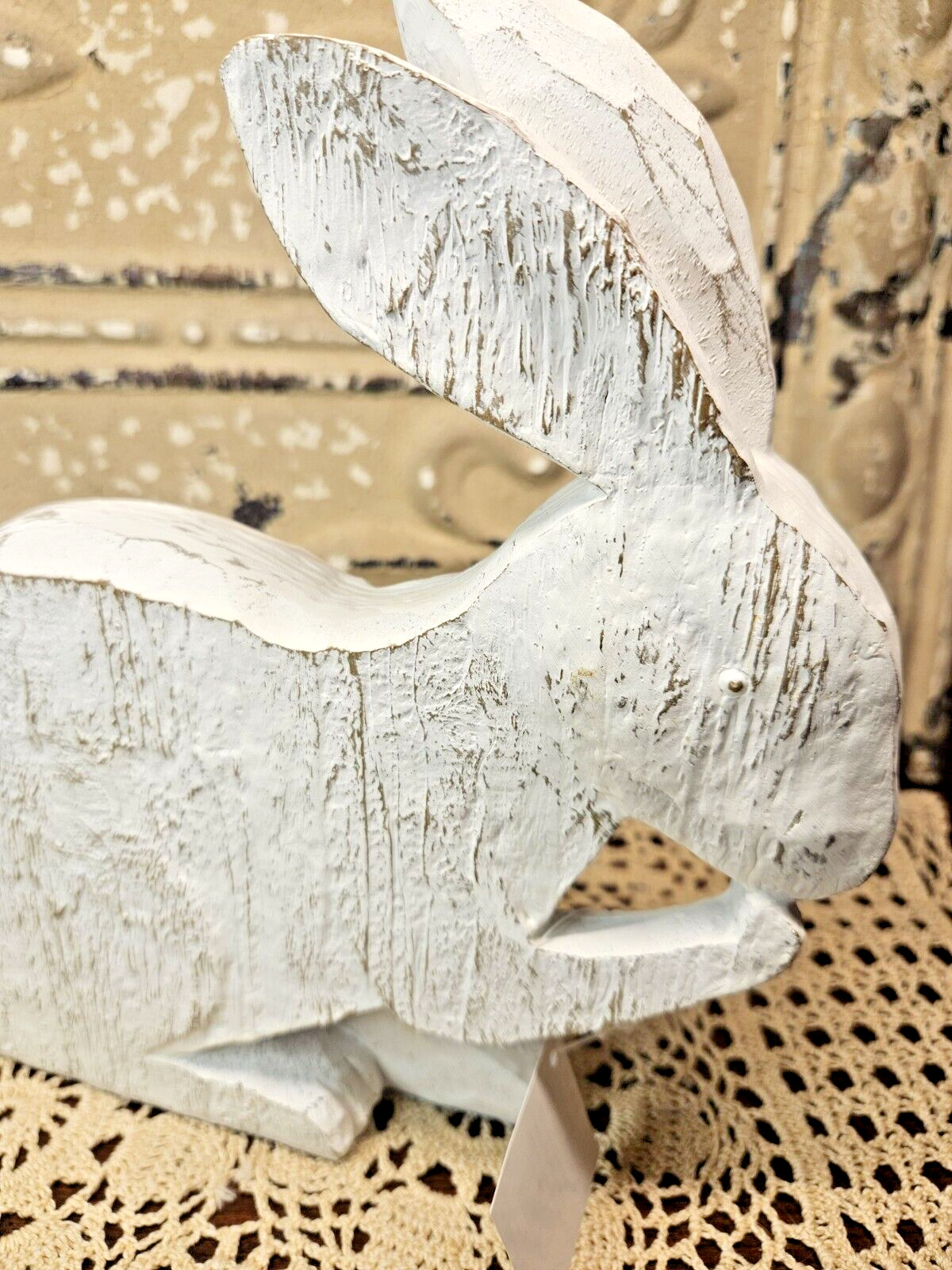 NWT Primitive White Distressed Bunny Rabbit Easter Spring Decor Carved ...