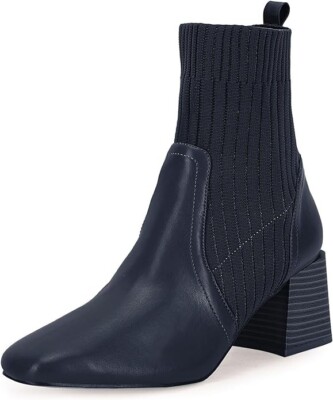 Womens Chelsea Boot Square Toe Stacked Chunky Heel Slip On High Top Elastic Bloc