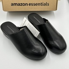 Amazon Essentials Slip On Clog Shoe Womens Black Mule Faux Leather Round Toe NEW