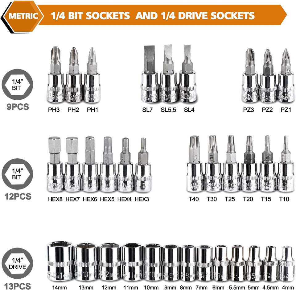 46 Pieces 1/4 Inch Drive Socket Ratchet Wrench Set with Bit Socket Set ...