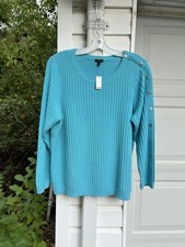 NWT Talbots Pretty Turquoise Blue Woven Stripe Button Down Sleeve Sweater 2X