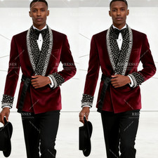 Velvet Burgundy Men's Beaded Suit Luxury Prom Evening Shawl Lapel Tuxedo Jacket