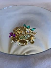 VTG Miriam Haskell Style Brooch Flower Basket Rhinestones Gold Tone Silver Starr