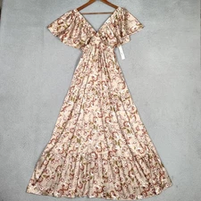 She + Sky Maxi Dress Womens Small Taupe Floral Satin Ruffle Flounce Sleeve NWT