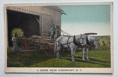 ca 1910s NY Postcard Scene near Highmount New York Ulster horses men wagon barn