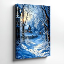 Wall Art Snowy Winter Cabin Forest Path Rustic Landscape Canvas Print Decor