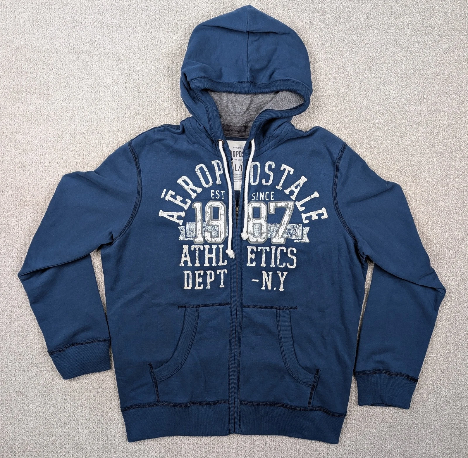 NWOT Y2K Aeropostale Men's Large Full Zip Hoodie Blue Waffle NY Athletics Grunge