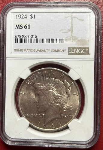1924 Peace Dollar. NGC. MS-61. Free Shipping