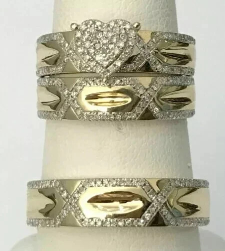 2Ct Real Moissanite His Hers Wedding Heart Trio Ring Set 14k Yellow Gold Plated