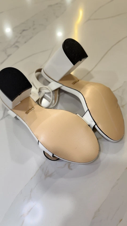 Sandalia Gucci GG Logo Marmont Bloque Tacón Alto Cuero Blanco Dorado Talla 38.5 EE. UU. 8.5 Foto 3 de 4