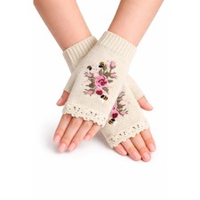 Unbranded Knit Fingerless Gloves Cream Floral Bee Embroidery Crochet Warmers