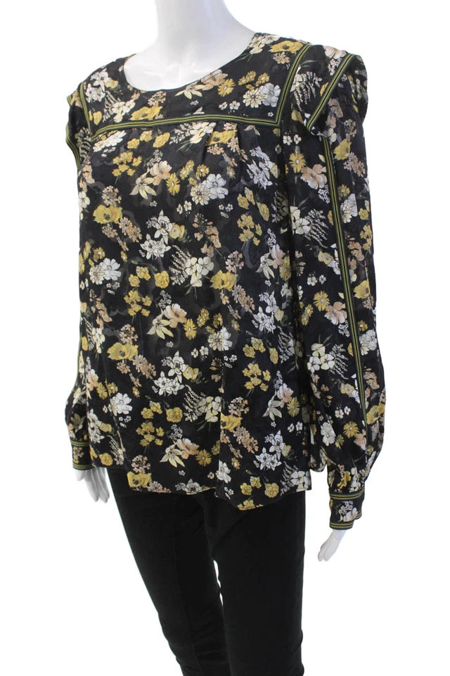 Blusa 10 Crosby Derek Lam Mujer Manga Larga Cuello en V Floral Negra Talla 6 Foto 2 de 4