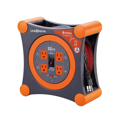 Cord Reel 35ft Extension Cord 4 Outlets 14AWG SJTW Cable with Circuit Breaker