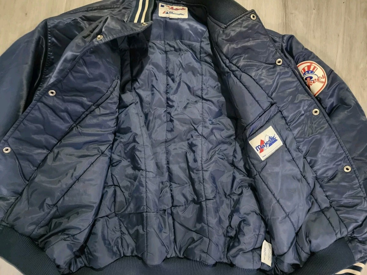 NY Yankees Athletic Majestic Jacket Blue Satin Bomber Style