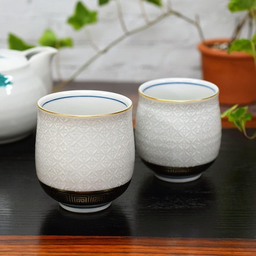 Kutani Yaki Yunomi japanese Tea cup White Shippo pattern Pattern Pair Japan new - Picture 2 of 6