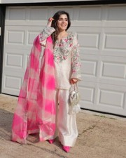 New Style White Natural Crepe Silk Top Bottom With Dupatta For Festival Wear