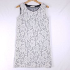 Real Lace Shift Dress Women Medium White Gray Sleeveless Floral Overlay Casual