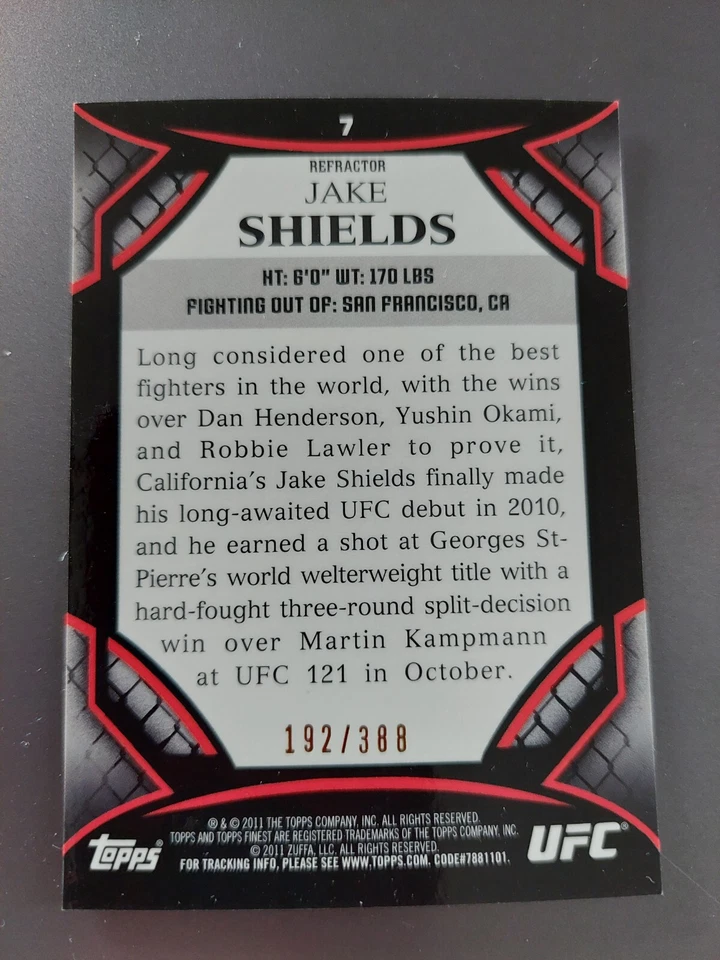 Jake Shields #7 2011 Topps UFC Finest X-Refractor #192/388 - Image 2 of 2