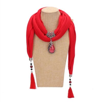 Peacock Pendant Necklace Scarf - Alloy Resin Fringed Tassel Polyester 200x40cm