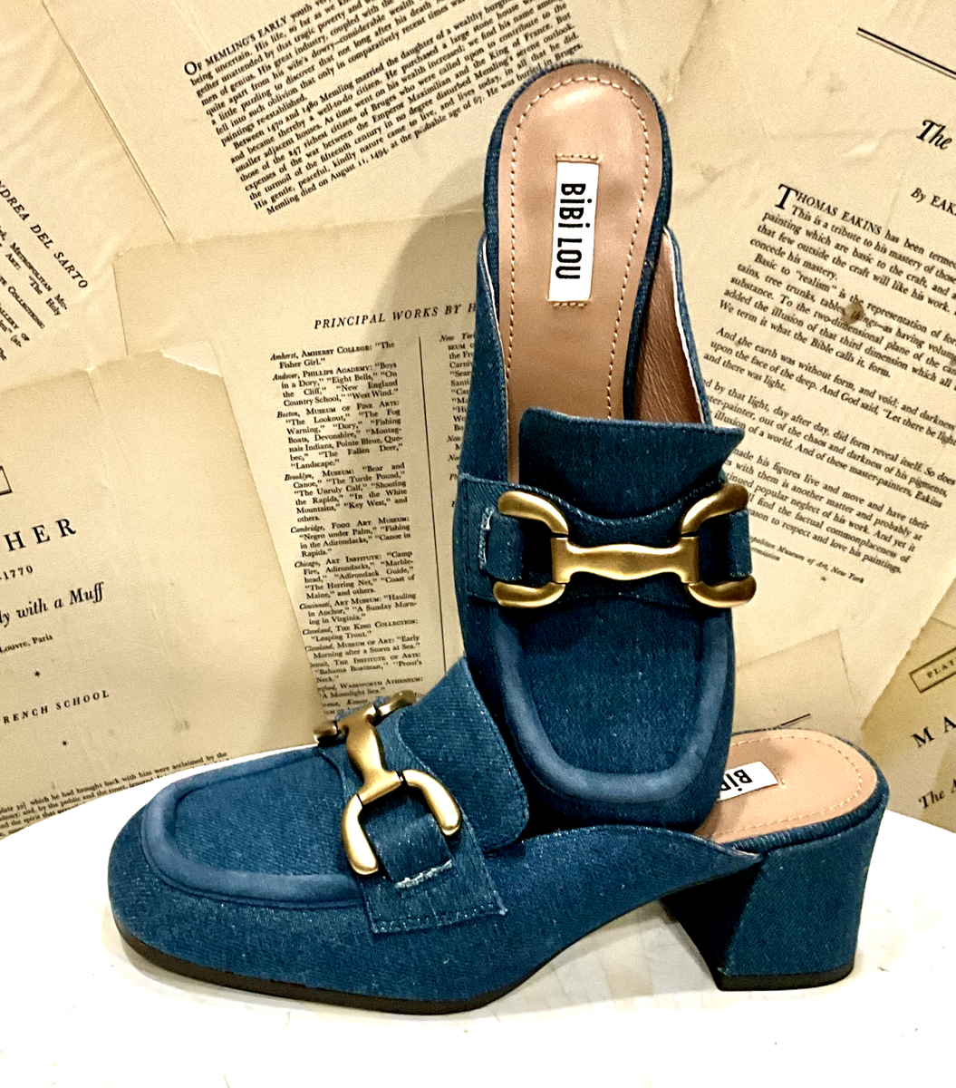 Anthropologie Bibi Lou Zagreb Heeled Loafers Slides Dark Demin 37