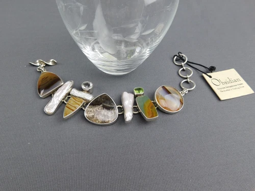 Sterling Silver and Stone Bracelet Adjustable Designer Signed Obsidian Brand