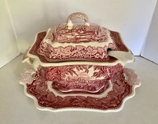 MASON'S Pink Red VISTA Bedford Shape Soup TUREEN Under Plate & Ladle ExC Vintage