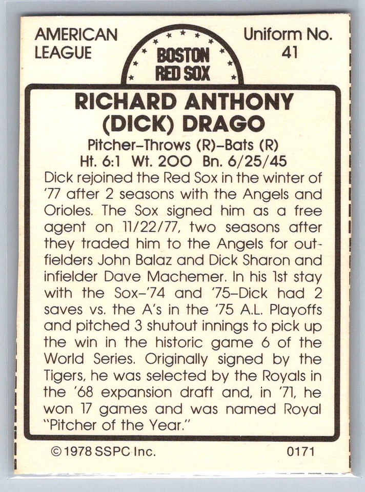 # 171 Dick Drago Boston Red Sox 1978 SSPC Hand Cut - Image 2 of 2