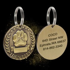 BRASS DOG TAGS ROUND SHAPE PERSONALIZED CUSTOM PET NAME ID ENGRAVED FOR COLLAR