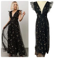 Soieblu Sz Medium Nova Black Sheer Tulle Gold Glitter Fairy Grunge Maxi Dress
