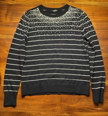 Halogen x Atlantic-Pacific Womens Black-Silver Pearl Beaded Stripe Sweater Sz M