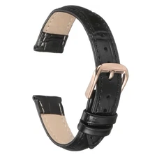 Leather Watch Bands 14mm Classical Embossed Replacement Strap Black Rose Gold
