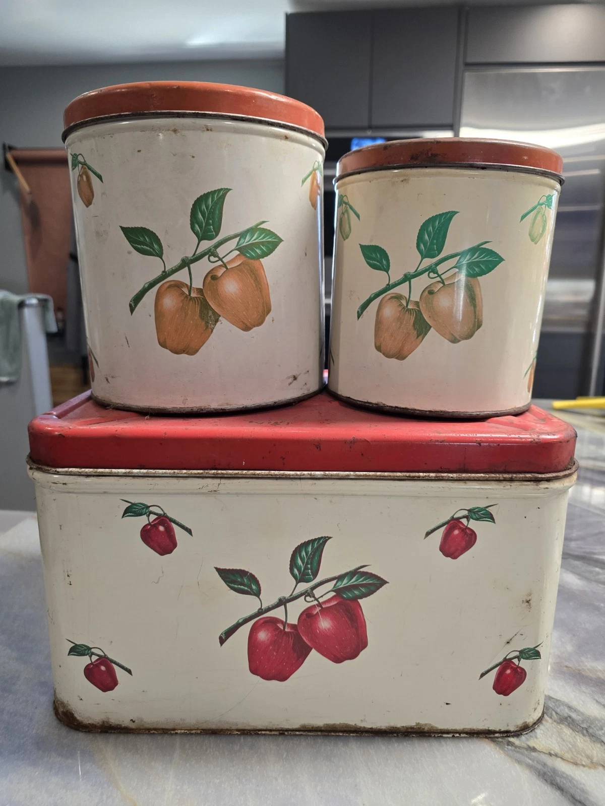 Vintage Decoware Metal Bread Box & 2 containers Red Apples Design 1950s Kitchen