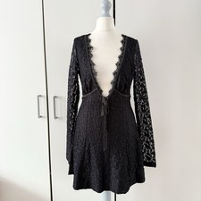Free People Petra Mini Dress Size S Black Long Sleeve Lace Deep Neck
