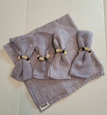 Rare Set FLAX Brand 100 Linen Tablecloth  4 Napkins Rings NWOT 60x57" Blue