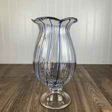 Hand Blown Clear Pedestal Art Glass Vase Cobalt w/ Blue Swirl 10.5" Ruffled Top