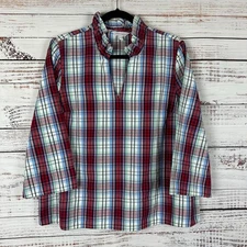 Womens Crown ivy Red White Plaid Cotton V- Neck 3/4 Sleeve Blouse Ruffle Trim L