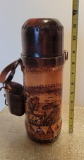 Vintage Hand Tooled Leather Cover On Thermos With Cup Holder. Please See Photos