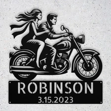 Personalized Couple Riding Motorcycle Metal Sign Birthday Valentines Day Gift