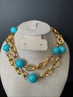 VTG Les Bernard Costume Jewelry Turquoise Bead Gold Plated Link Necklace