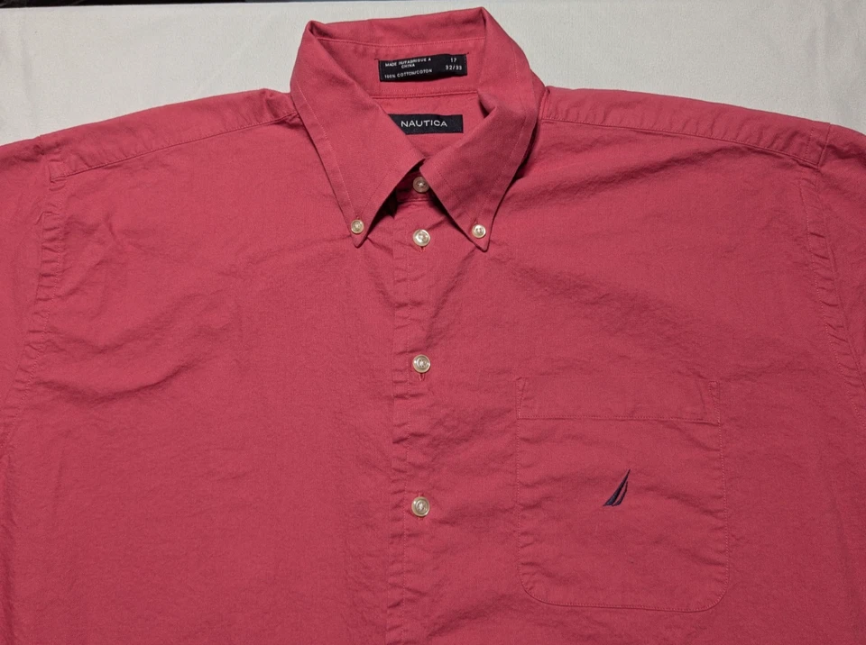 Nautica Pink Coral Button-Up Shirt - Men 17 32/33 - Imagem 3 de 4
