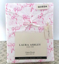 Laura Ashley 100 Cotton Percale Queen Sheet Set PINK Trailing Bows Ribbons NEW