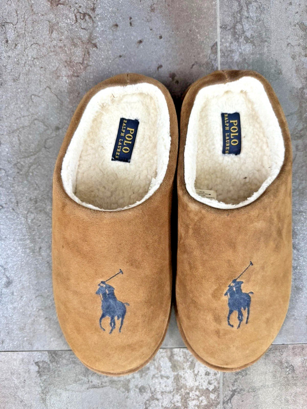 POLO RALPH LAUREN BROWN TAN SLIPPER SHOE FUR LINING BIG PONY SUEDE UGG SHERPA 11