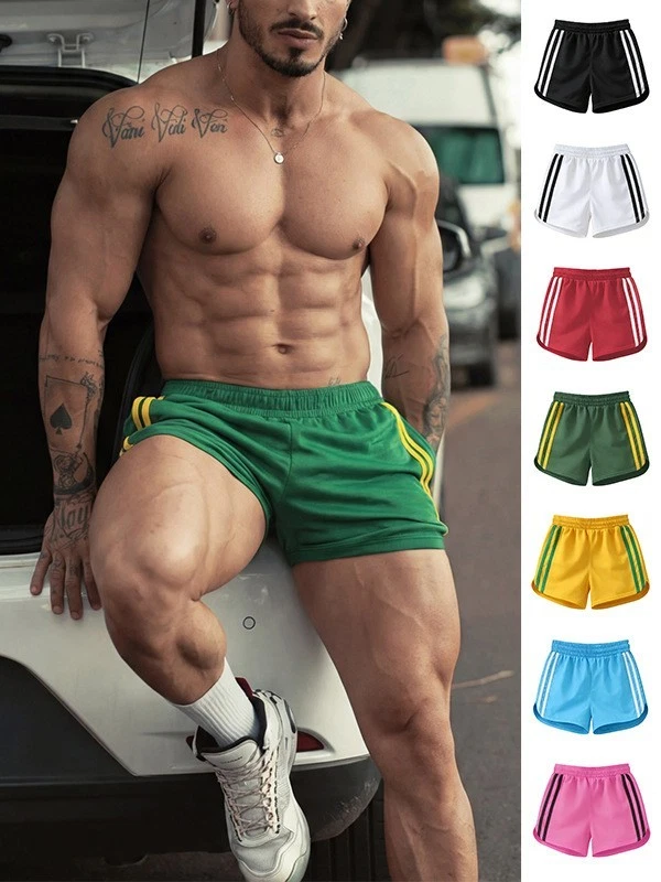 2026 Summer Men's Beach Pants Solid Color Striped Straight Leg Sports Shorts