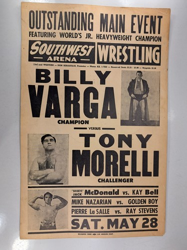 Vintage Wrestling Poster 1950's: Billy Varga Vs. Tony Morelli 22x14in (S92) - Picture 1 of 17